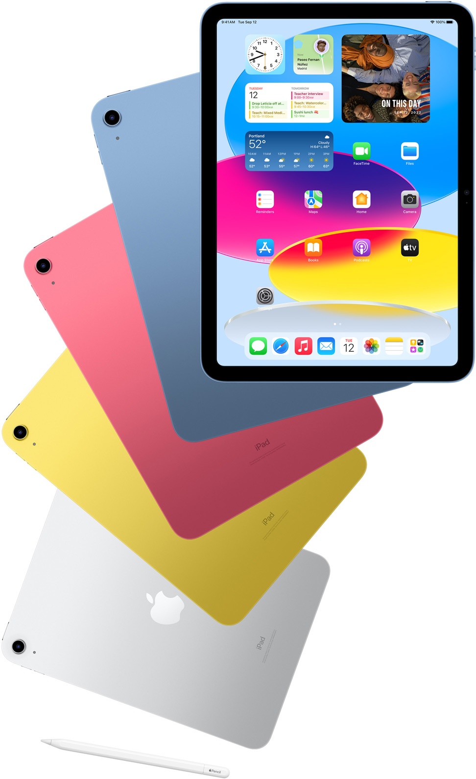Pogled na prednji dio iPada koji pokazuje početni zaslon i na stražnju stranu plavog, rozog, žutog i srebrnog iPada. Apple Pencil leži pokraj raspoređenih modela iPada.