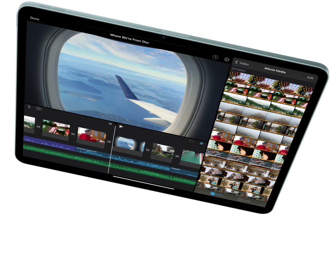 iPad Air in de horizontale stand, waarop een video wordt bewerkt in iMovie