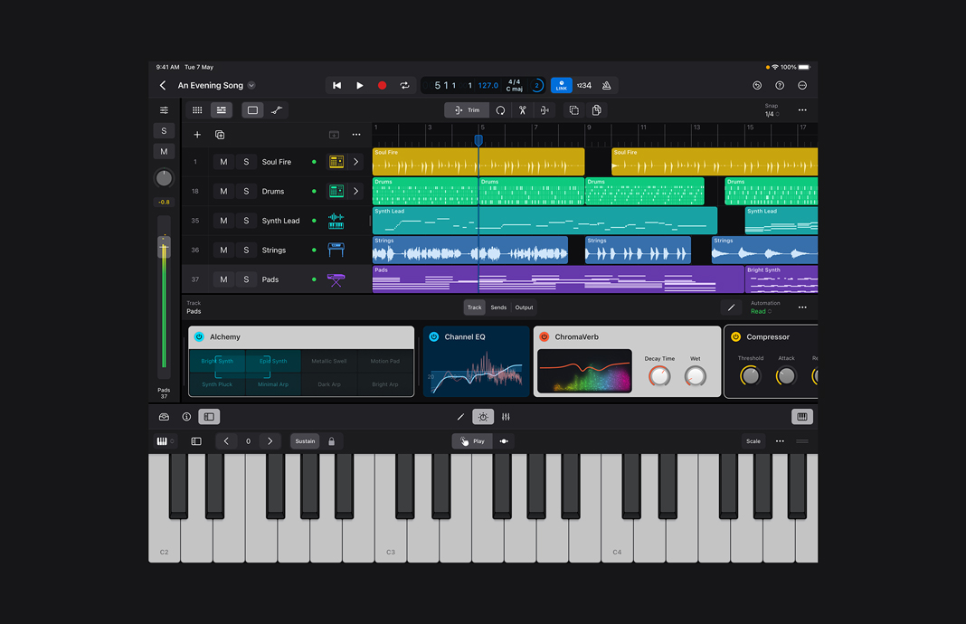 A collection of software instruments compatible with Ableton Link are show in Logic Pro for iPad on iPad Pro.