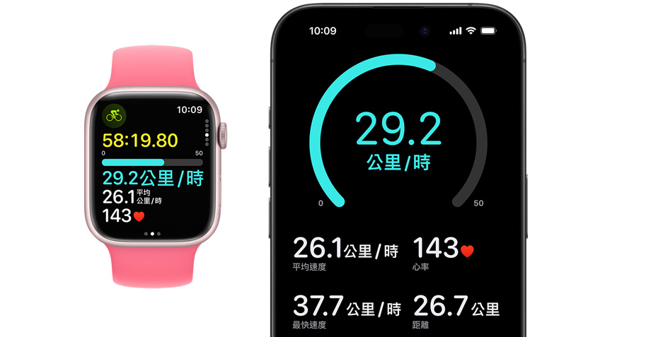 一隻 Apple Watch 和一部 iPhone 的正面圖。某人在手錶上開始了體能訓練，這項訓練也會顯示在 iPhone 上。