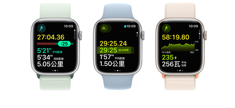 三隻 Apple Watch 的圖片，每隻手錶顯示不同的測量指標和體能訓練顯示畫面。