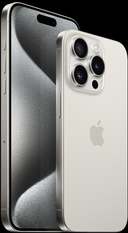白色鈦金屬的 6.7 吋 iPhone 15 Pro Max 正面圖與 6.1 吋 iPhone 15 Pro 背面圖。