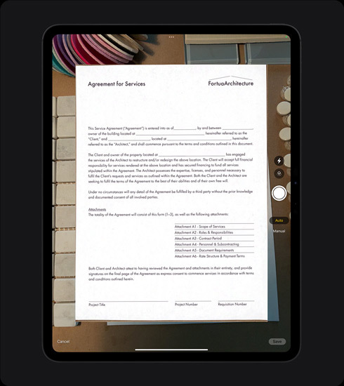 Portrait orientation, iPad Pro, a document is being scanned in