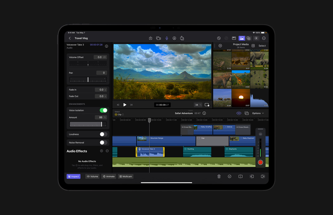 Anpassen von Audiomaterial zum Reduzieren von Hintergrundgeräuschen in Final Cut Pro für iPad auf dem iPad Pro.