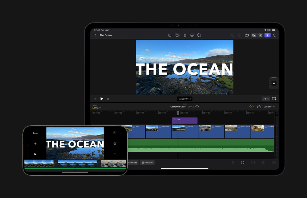Ein iMovie für iOS Projekt ist in Final Cut Pro für iPad zur Nachbearbeitung geöffnet.