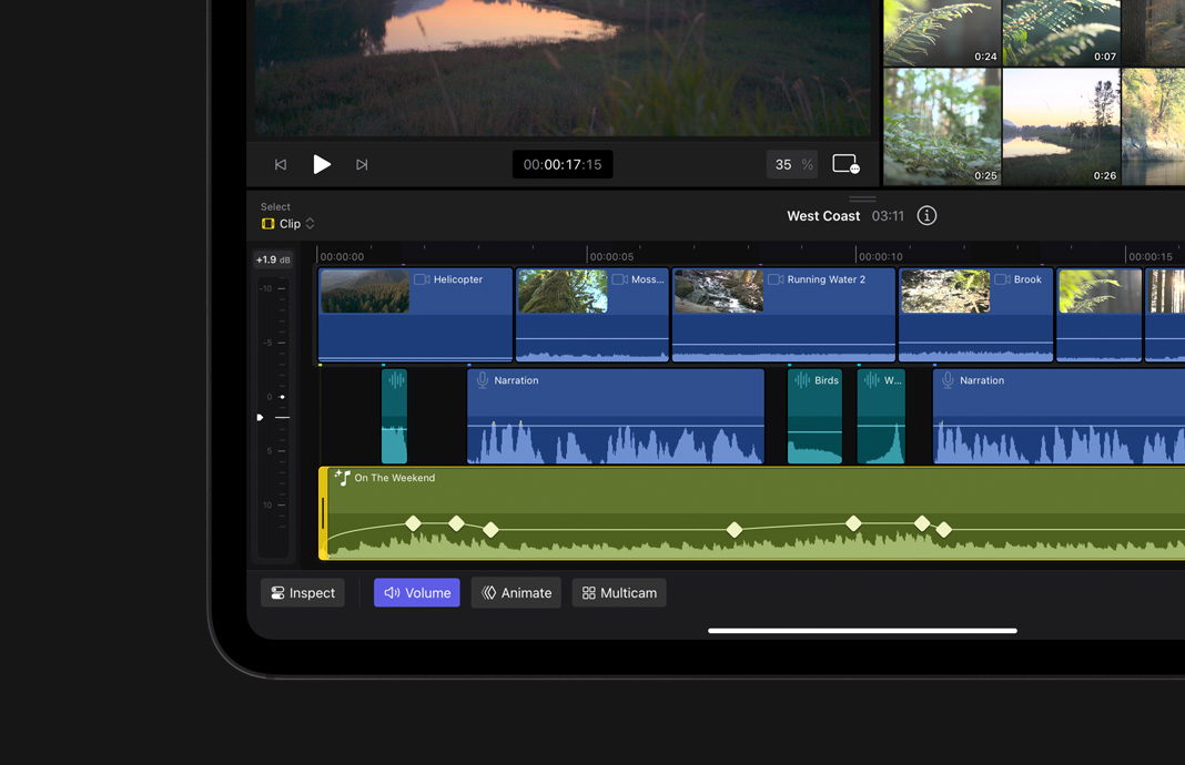 Videomaterial wird mit Keyframes in Final Cut Pro für iPad auf dem iPad Pro animiert.
