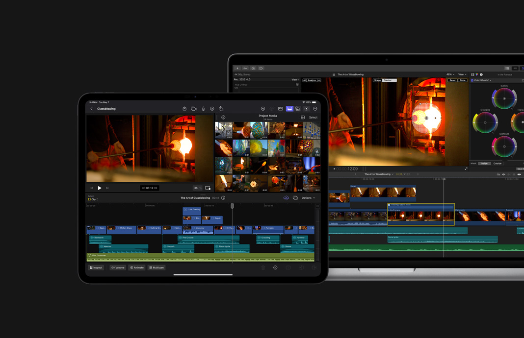 Images de soufflage de verre affichées côte à côte sur un iPad Pro et un Mac. Apple Pencil avec l’écran du titre d’un film dans Final Cut Pro pour iPad ; à côté, un MacBook Pro affiche le même film en cours de montage dans Final Cut Pro.
