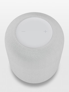 Un HomePod bianco in realtà aumentata sullo schermo di un iPhone.
