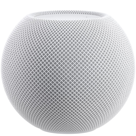 A White HomePod mini shot from the side.