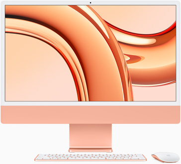 화면이 정면을 향하고 있는 옐로우 색상 iMac의 모습.
