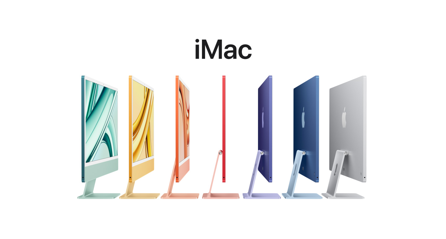 Una fila di iMac 24 pollici nei colori verde, giallo, arancione, rosa, viola, blu e argento, si nota il logo Apple sul retro del display