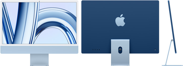 藍色 iMac 的正面圖、背面圖和側面圖