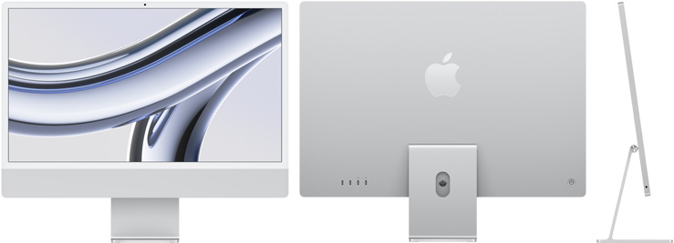 銀色 iMac 的正面圖、背面圖和側面圖