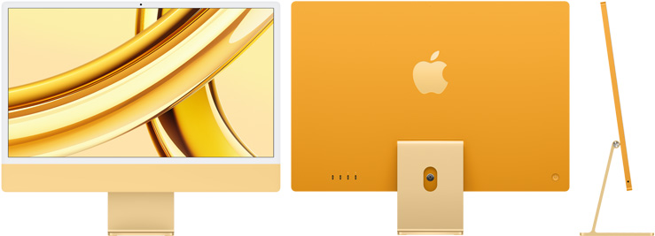黃色 iMac 的正面圖、背面圖和側面圖