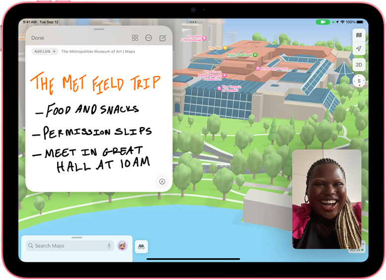 „Quick Note“ programoje „Maps“ kartu su „FaceTime“ miniatiūra „iPad“ ekrane.