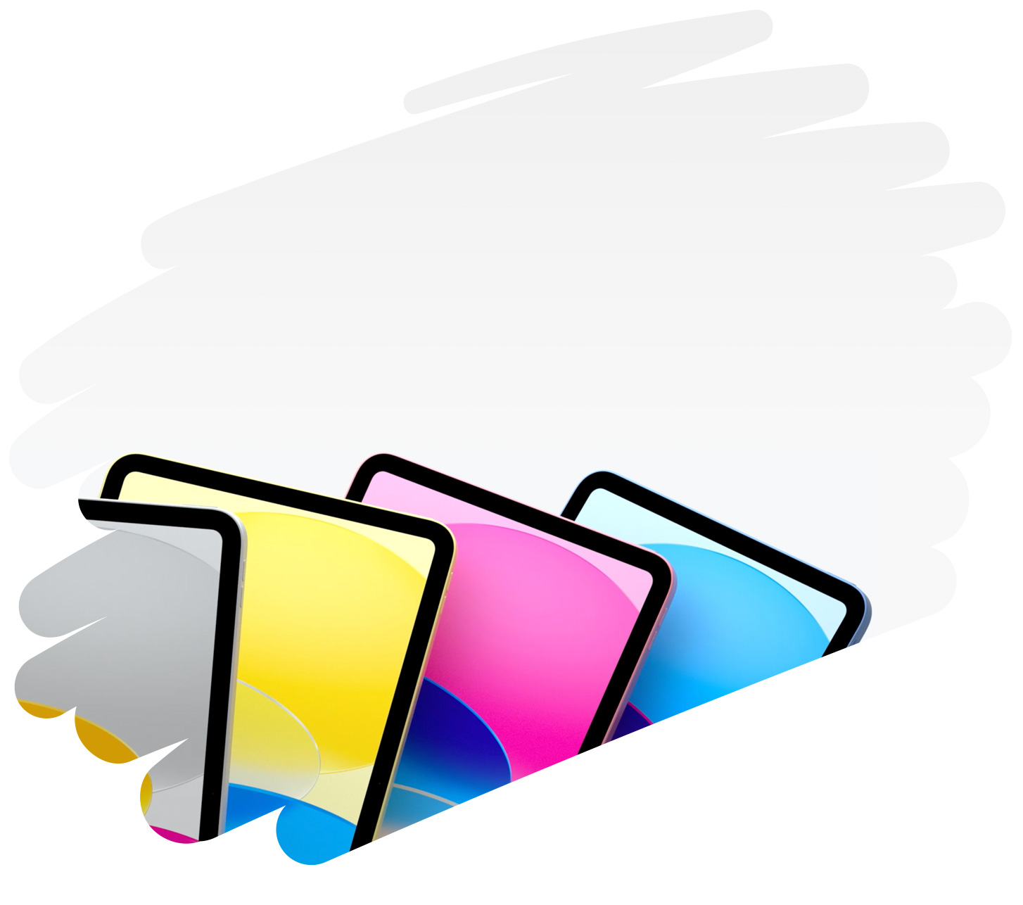 頁面展示多款色彩繽紛的 iPad，背景是以畫筆來回畫的巨大筆觸。