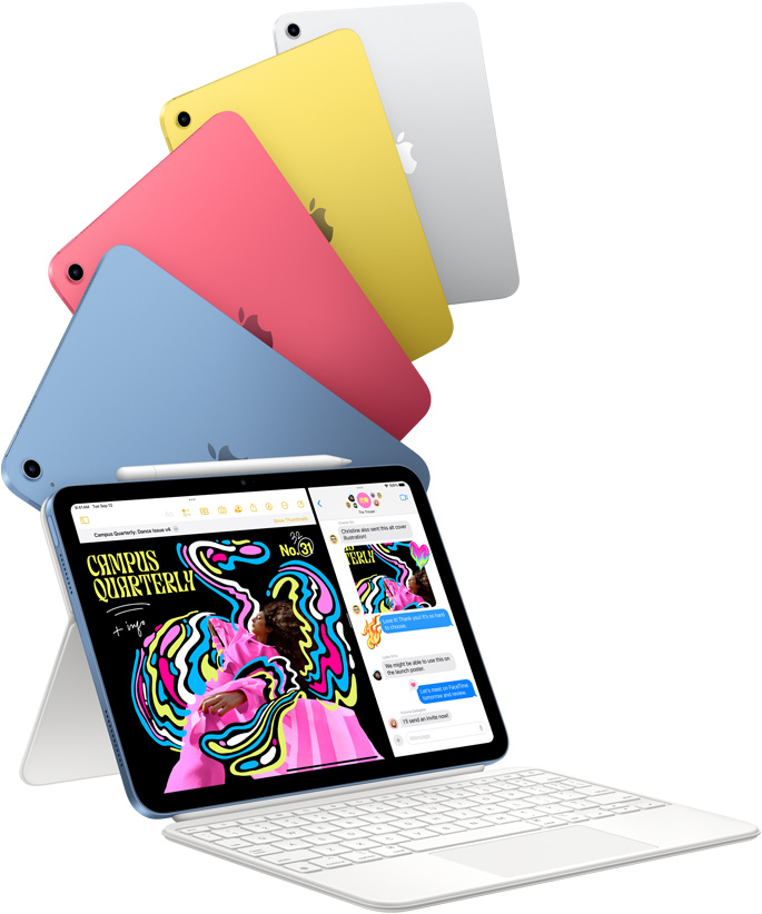 iPad i farverne blå, lyserød, gul og sølv og en iPad, der er sat på et Magic Keyboard Folio.