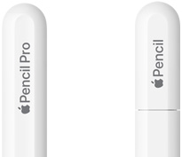 Apple Pencil Pro, ronde uiteinde gegraveerd met Apple Pencil Pro, Apple Pencil USB-C, dop gegraveerd met Apple Pencil.