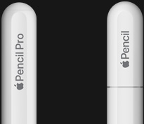 둥근 끝 부분에 Apple Pencil Pro라는 각인이 새겨진 Apple Pencil Pro와 끝단 캡에 Apple Pencil이라는 각인이 새겨진 Apple Pencil USB-C