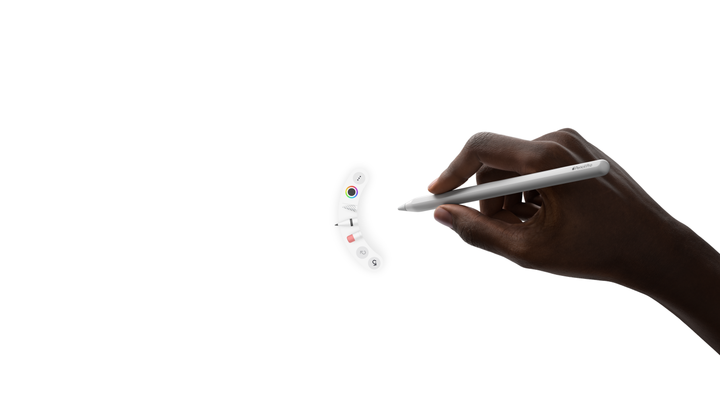 Una Apple Pencil Pro che viene premuta con le dita per aprire la nuova palette