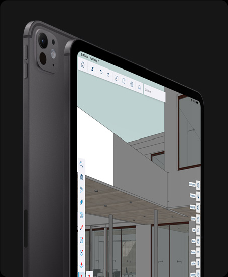 Vista traseira do iPad Pro preto sideral com sistema de câmaras Pro e vista frontal do iPad Pro a mostrar a moldura preta do ecrã e os cantos arredondados