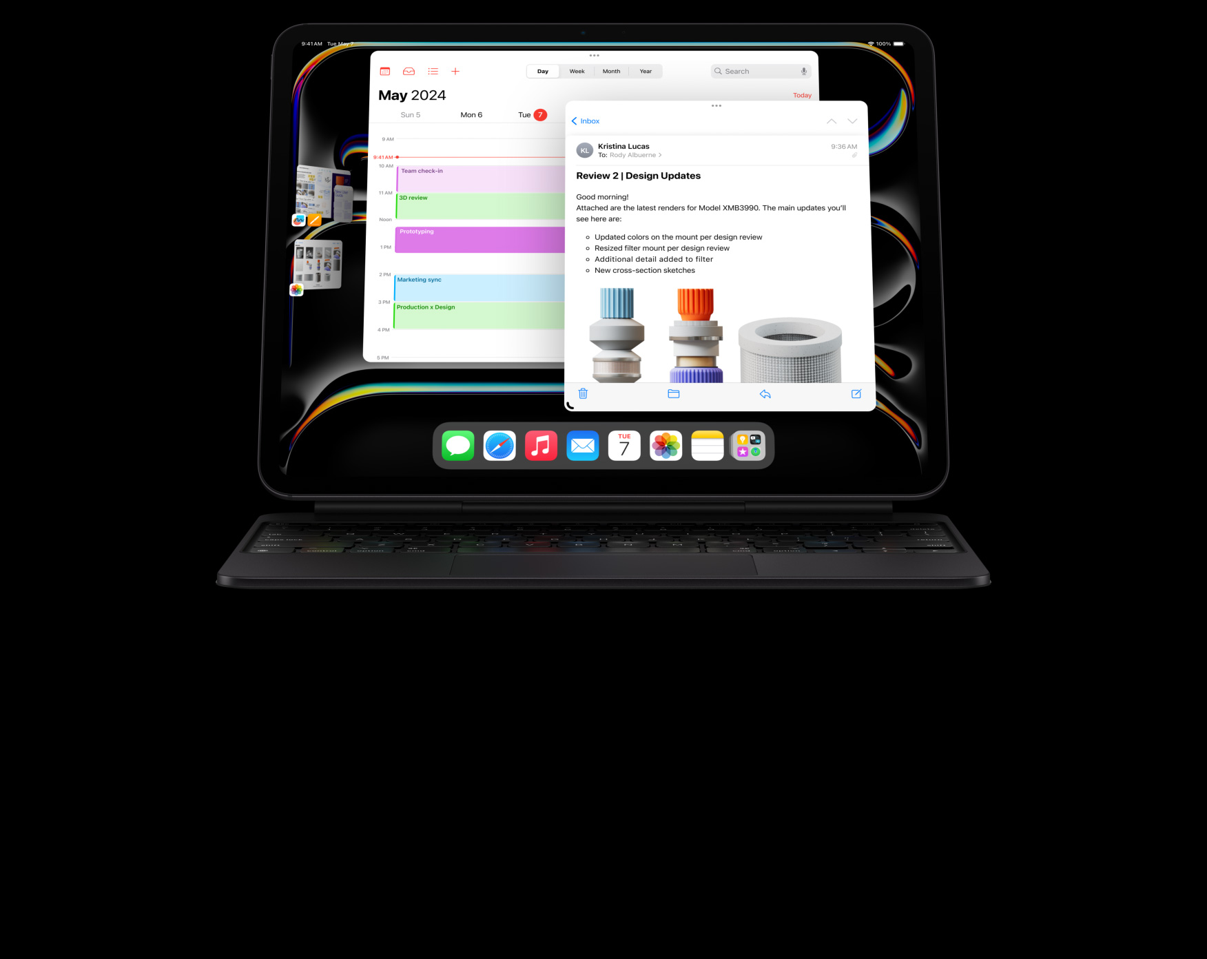 iPad Pro ansluten till Magic Keyboard i horisontellt läge, användaren jobbar i flera appar som är öppna samtidigt