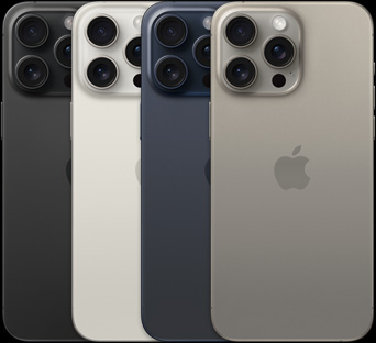 Visning av baksiden av iPhone 15 Pro Max i fire forskjellige farger