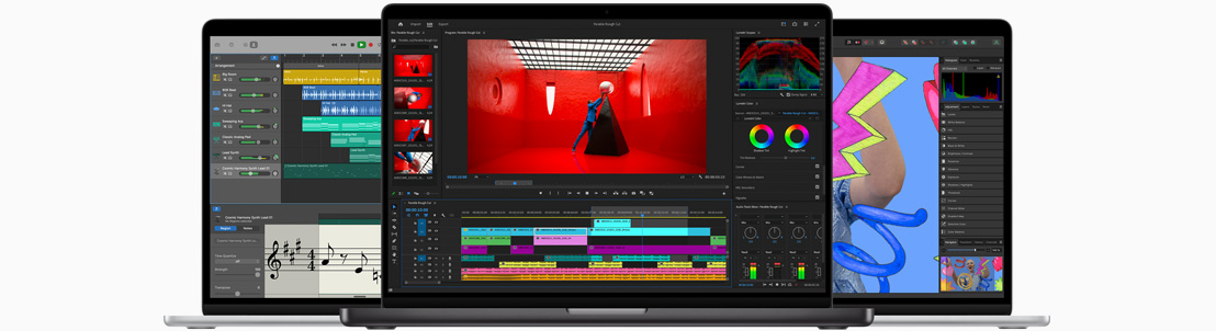 Hình ảnh mặt trước của MacBook Air đang hiển thị một dự án Logic Pro. Mặt trước của MacBook Pro đang hiển thị một dự án Final Cut Pro. Mặt trước của MacBook Air đang hiển thị một dự án iMovie.