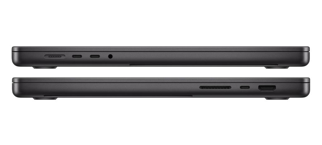 Prezentarea porturilor MacBook Pro cu cip M3 Pro sau M3 Max: pe partea stângă, port MagSafe 3, două porturi Thunderbolt 4 și mufă pentru căști, iar pe partea dreaptă, slot pentru card SDXC, un port Thunderbolt 4 și port HDMI