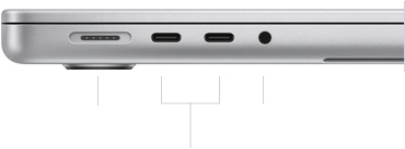 Venstre side af en lukket 14" MacBook Pro med M3, der viser MagSafe 3-porten, to Thunderbolt-/USB 4-porte og jackstikket til hovedtelefoner