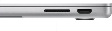 Højre side af en lukket 14" MacBook Pro med M3, der viser SDXC-kortpladsen og HDMI-porten