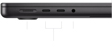Venstre side af en lukket 14" MacBook Pro med M3 Pro eller M3 Max, der viser MagSafe 3-porten, to Thunderbolt 4-porte og jackstikket til hovedtelefoner