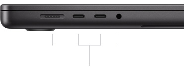 Venstre side af en lukket 16" MacBook Pro, der viser MagSafe 3-porten, to Thunderbolt 4-porte og jackstikket til hovedtelefoner