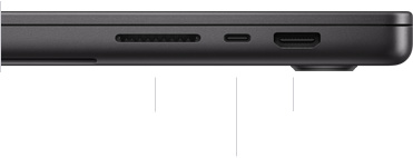 Højre side af en lukket 16" MacBook Pro, der viser SDXC-kortpladsen, en Thunderbolt 4-port og HDMI-porten