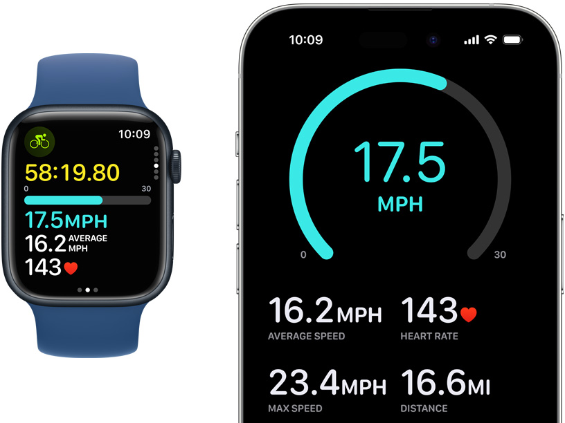 Et Apple Watch og en iPhone viser livemålinger under cykling