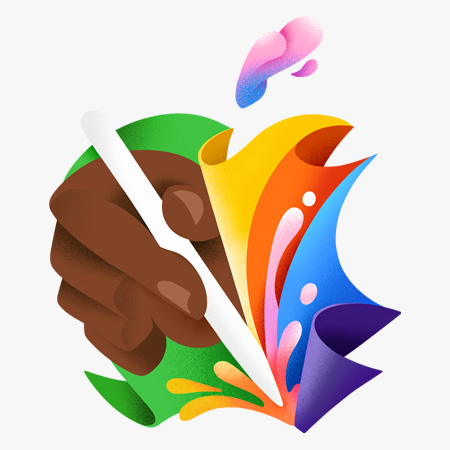 Curved paper in green, yellow, orange, and blue forms the Apple logo. Inside the logo, a creator’s hand holds an Apple Pencil positioned to draw. The tip is pressed into the bottom of the logo, springing forth lively splashes of orange and pink that ripple upward. The stem of the Apple logo is a droplet of pink, blue, and purple that floats above.