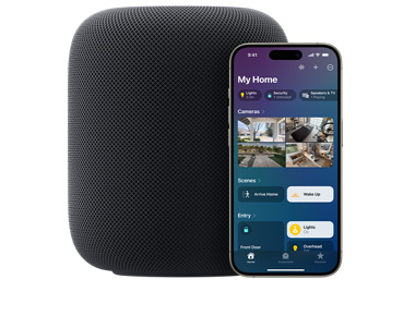 A Midnight HomePod with iPhone showing 'My Home' UI on the Home app
