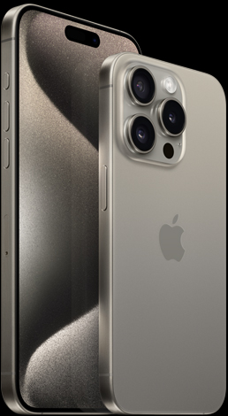 Imagem da parte da frente do iPhone 15 Pro Max de 6,7 polegadas e imagem da parte de trás do iPhone 15 Pro de 6,1 polegadas em titânio natural.