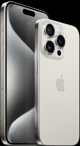 Imagem da parte da frente do iPhone 15 Pro Max de 6,7 polegadas e imagem da parte de trás do iPhone 15 Pro de 6,1 polegadas em titânio branco.