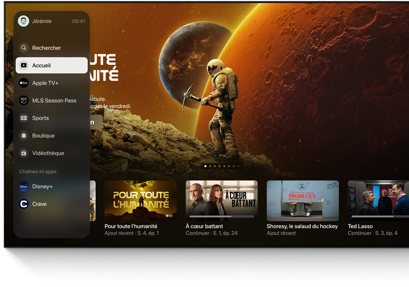 Téléviseur à écran plat montrant l’interface de l’écran d’accueil de l’app Apple TV