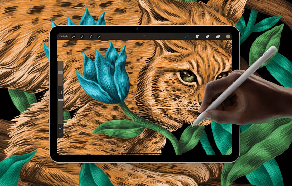 An Pad Air showcasing a Procreate drawing that's spreading out into the background.
