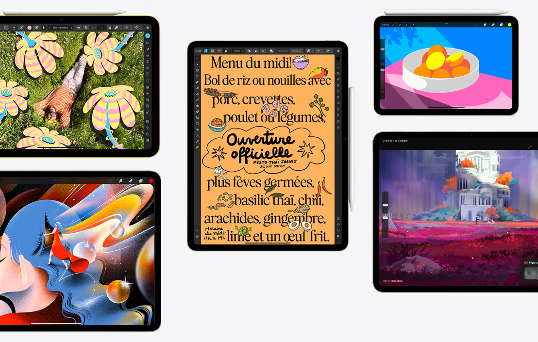 A collection of five different iPads showcasing different apps including Affinity Photo 2, Procreate, Affinity Designer 2, and Procreate Dreams.