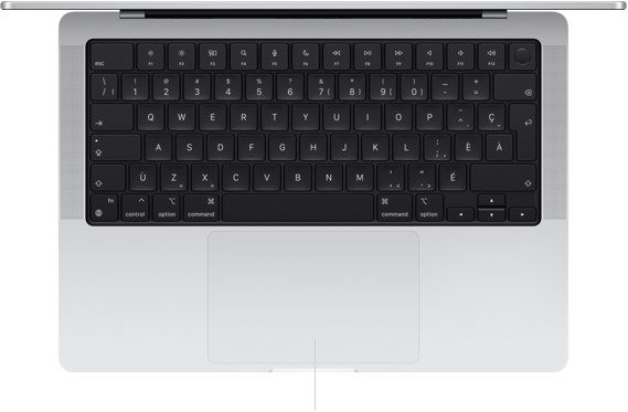 Vue du dessus de MacBook Pro 14 pouces ouvert montrant le pavé-pression situé sous le clavier