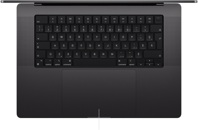 Vue du dessus de MacBook Pro 16 pouces ouvert montrant le pavé-pression situé sous le clavier
