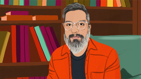 Illustrated portrait of Apple employee sitting in a upholstered chair in front a bookcase, looking at the reader.