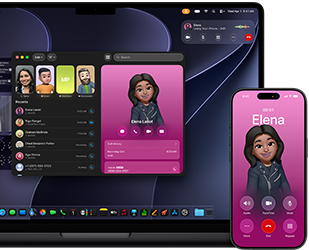 MacBook Pro a iPhone, otevřená aplikace Telefon, na obou obrazovkách se ukazuje stejný kontakt