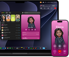 MacBook Pro a iPhone, otevřená aplikace Telefon, na obou obrazovkách se ukazuje stejný kontakt