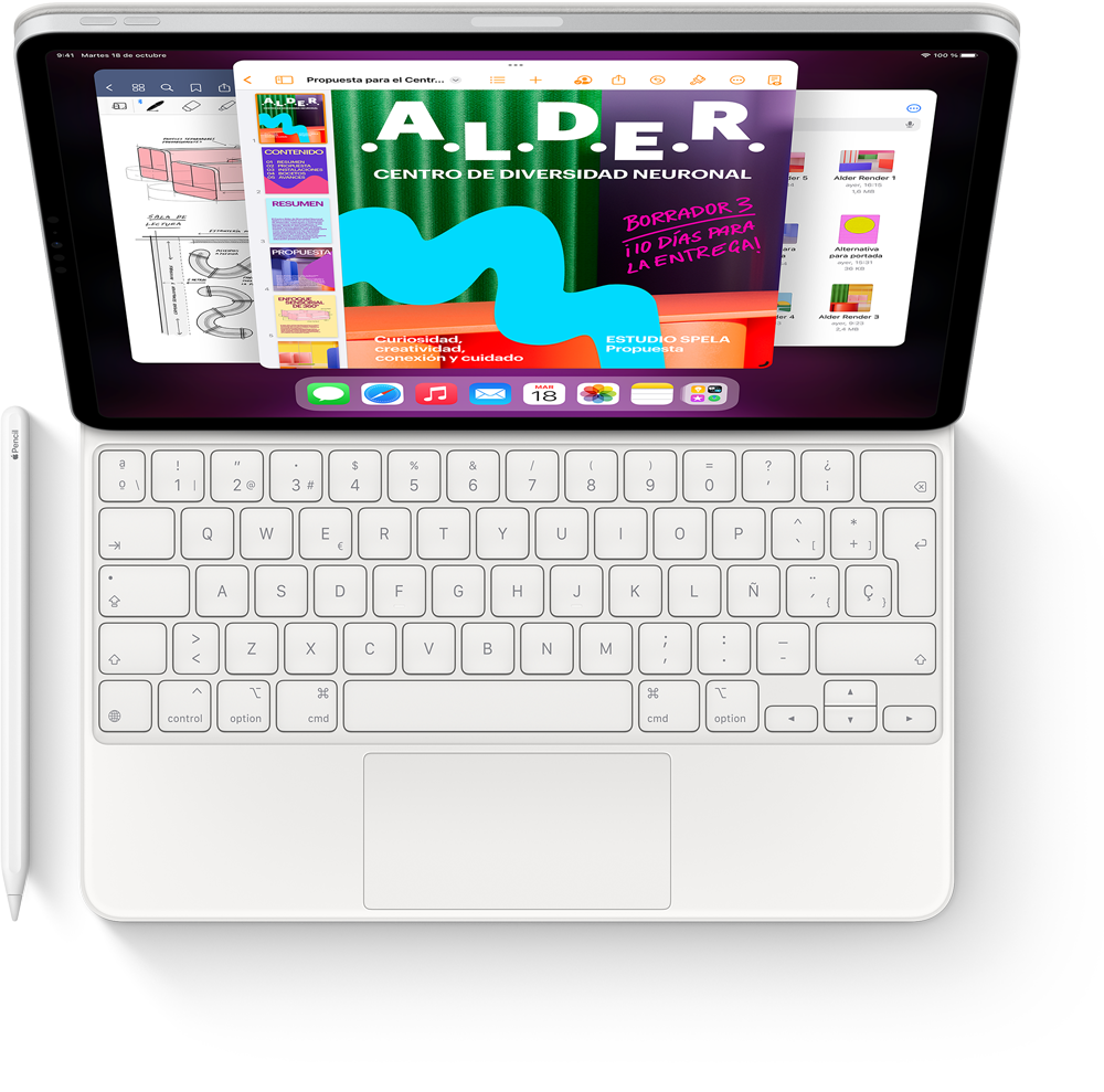 Vista superior de un iPad Pro con el Magic Keyboard y el Apple Pencil que muestra el Organizador Visual con varias apps abiertas.