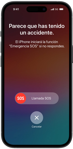 La pantalla de la detección de accidentes con el mensaje «Parece que has tenido un accidente. Si no respondes, el iPhone iniciará la función Emergencia SOS.»