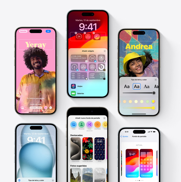 A grid of six iPhone models showcasing fun personalization features such as Lock Screen customization and Contact Poster.